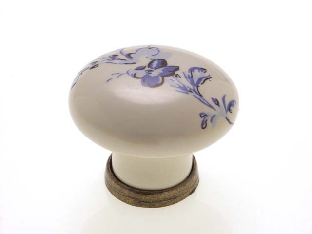 Bútorfogantyú, gomb antikolt bronz kék virág, fém-porcelán PORCELÁN