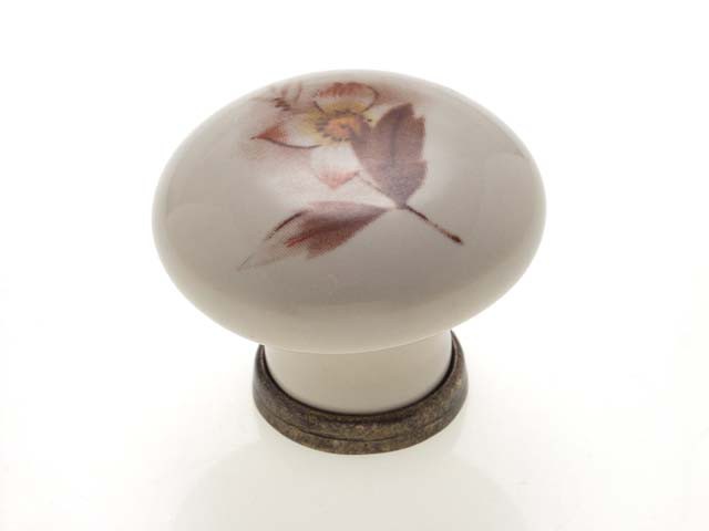 Bútorfogantyú, gomb antikolt bronz barna virág, 31 mm, fém-porcelán PORCELÁN