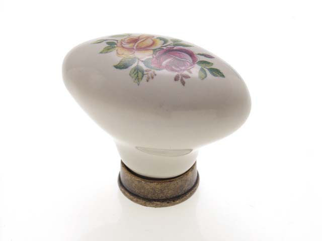 Bútorfogantyú, gomb antikolt bronz színes virág, fém-porcelán PORCELÁN