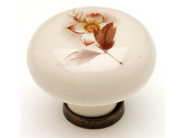 Bútorfogantyú, gomb antikolt bronz barna virág, fém-porcelán PORCELÁN