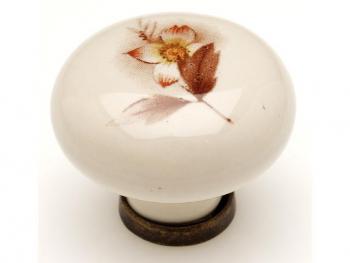 Bútorfogantyú, gomb antikolt bronz barna virág, fém-porcelán PORCELÁN 1.Kép