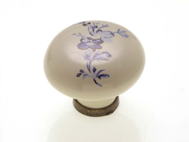 Bútorfogantyú, gomb antikolt bronz kék virágos, fém-porcelán PORCELÁN