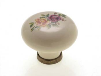 Bútorfogantyú, gomb antikolt bronz színes virág, fém-porcelán PORCELÁN 1.Kép