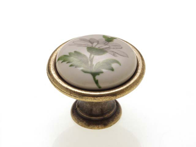Bútorfogantyú, gomb antikolt bronz ZÖLD VIRÁG, ÁTM: 29 mm PORCELÁN