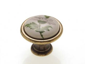 Bútorfogantyú, gomb antikolt bronz ZÖLD VIRÁG, ÁTM: 29 mm PORCELÁN 1.Kép