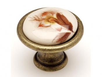 Bútorfogantyú, gomb antikolt bronz ÁTM: 29 mm, barna virág, porcelán PORCELÁN 1.Kép