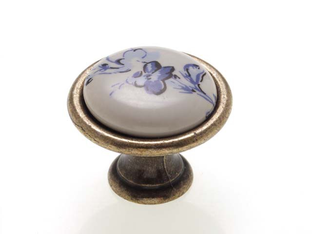 Bútorfogantyú, gomb antikolt bronz KÉK VIRÁG, ÁTM: 29 mm PORCELÁN