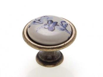 Bútorfogantyú, gomb antikolt bronz KÉK VIRÁG, ÁTM: 29 mm PORCELÁN 1.Kép