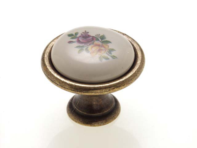 Bútorfogantyú, gomb antikolt bronz SZÍNES VIRÁG, ÁTM: 29 mm PORCELÁN