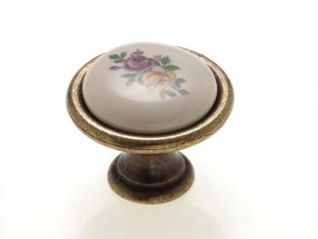 Bútorfogantyú, gomb antikolt bronz SZÍNES VIRÁG, ÁTM: 29 mm PORCELÁN 1.Kép