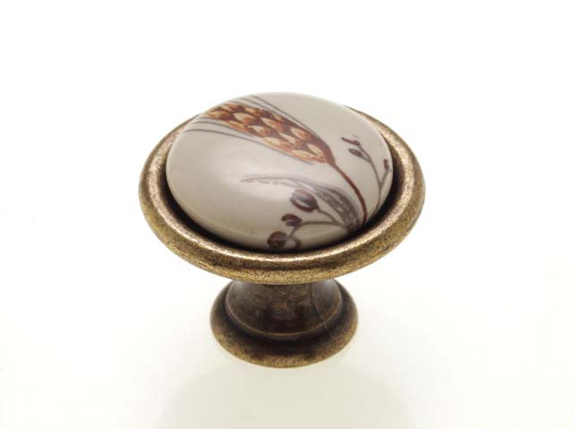 Bútorfogantyú, gomb antikolt bronz BÚZAKALÁSZ, ÁTM: 29 mm PORCELÁN