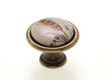 Bútorfogantyú, gomb antikolt bronz BÚZAKALÁSZ, ÁTM: 29 mm PORCELÁN 1.Kép