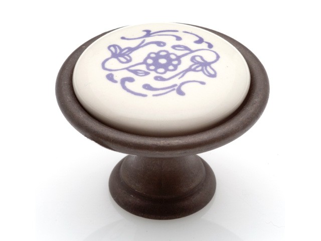 Bútorfogantyú, gomb sötét bronz kék motívum, fém-porcelán PORCELÁN