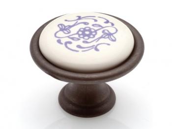 Bútorfogantyú, gomb sötét bronz kék motívum, fém-porcelán PORCELÁN 1.Kép