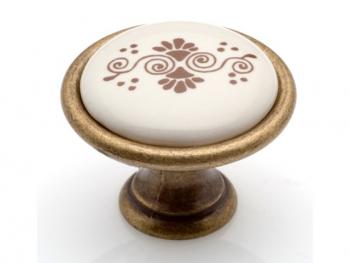 Bútorfogantyú, gomb antikolt bronz BARNA MOTÍVUM, ÁTM: 34, PORCELÁN PORCELÁN 1.Kép