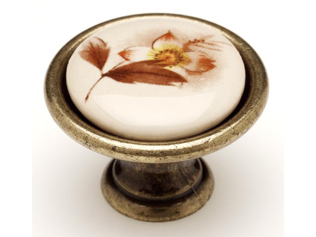 Bútorfogantyú, gomb antikolt bronz BARNA VIRÁG ÁTM:34, porcelán