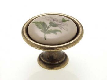 Bútorfogantyú, gomb antikolt bronz ZÖLD VIRÁG ÁTM:34, porcelán PORCELÁN 1.Kép