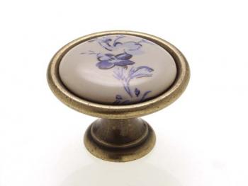 Bútorfogantyú, gomb antikolt bronz KÉK VIRÁG ÁTM:34, porcelán PORCELÁN 1.Kép