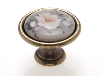 Bútorfogantyú, gomb antikolt bronz SZÜRKE VIRÁG ÁTM:34, porcelán PORCELÁN 1.Kép