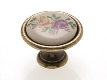 Bútorfogantyú, gomb antikolt bronz SZÍNES VIRÁG, ÁTM:34 Porcelán PORCELÁN 1.Kép