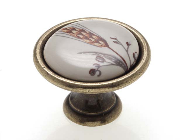 Bútorfogantyú, gomb antikolt bronz BÚZAKALÁSZ,ÁTM: 34, PORCELÁN PORCELÁN