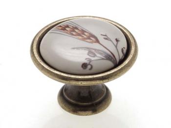 Bútorfogantyú, gomb antikolt bronz BÚZAKALÁSZ,ÁTM: 34, PORCELÁN PORCELÁN 1.Kép