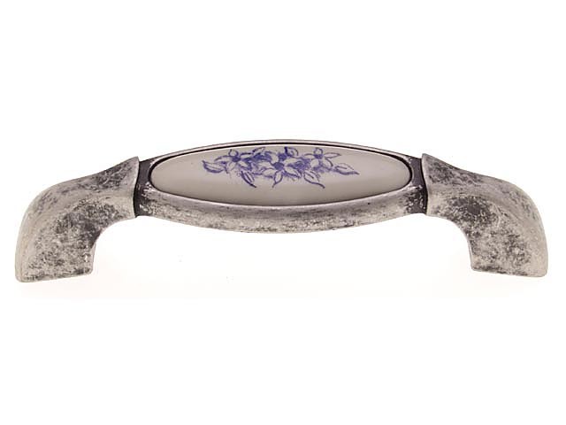 Bútorfogantyú 96 mm antikolt ezüst kék virágos, fém-porcelán
