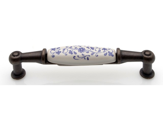Bútorfogantyú 96 mm antikolt bronz kék motívum, fém-porcelán PORCELÁN