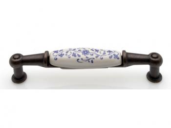 Bútorfogantyú 96 mm antikolt bronz kék motívum, fém-porcelán PORCELÁN 1.Kép