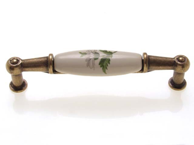 Bútorfogantyú 96 mm antikolt bronz zöld virág, fém-porcelán PORCELÁN