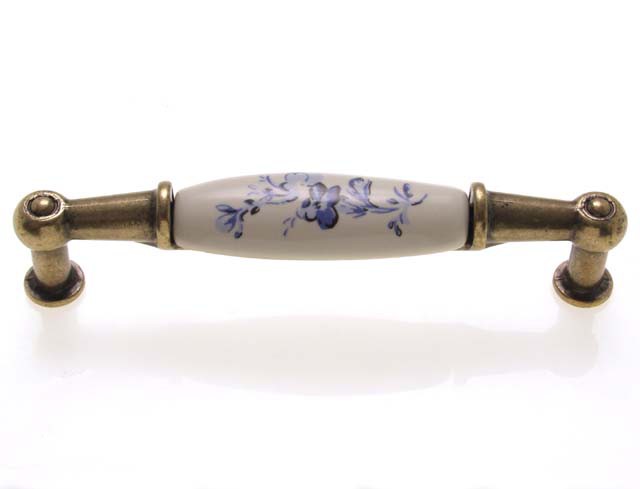 Bútorfogantyú 96 mm antikolt bronz kék virágos, fém-porcelán PORCELÁN