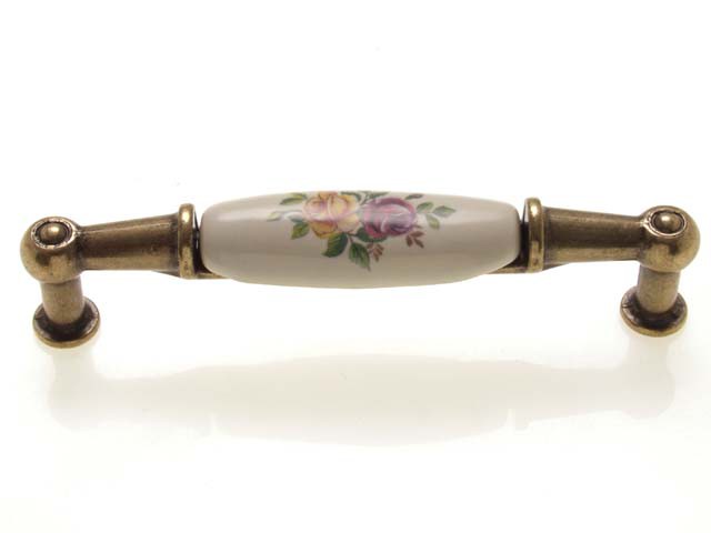 Bútorfogantyú 96 mm antikolt bronz színes virág, fém-porcelán PORCELÁN