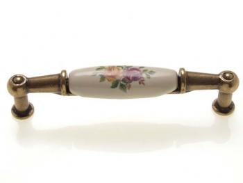 Bútorfogantyú 96 mm antikolt bronz színes virág, fém-porcelán PORCELÁN 1.Kép