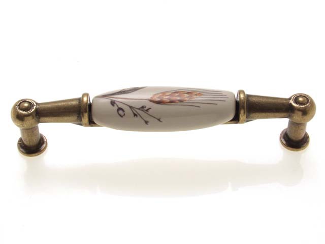 Bútorfogantyú 96 mm antikolt bronz búzakalász, fém-porcelán PORCELÁN