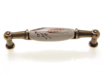 Bútorfogantyú 96 mm antikolt bronz búzakalász, fém-porcelán PORCELÁN 1.Kép