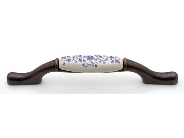 Bútorfogantyú 128 mm antikolt bronz kék motívum, fém-porcelán PORCELÁN