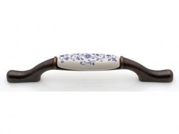 Bútorfogantyú 128 mm antikolt bronz kék motívum, fém-porcelán PORCELÁN 1.Kép