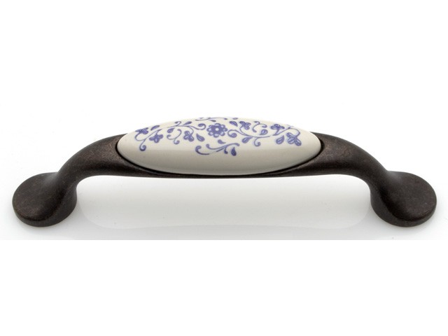 Bútorfogantyú 96 mm, sötét bronz kék motívum, fém-porcelán PORCELÁN