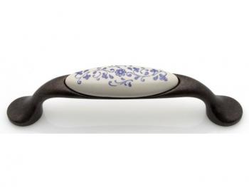 Bútorfogantyú 96 mm, sötét bronz kék motívum, fém-porcelán PORCELÁN 1.Kép