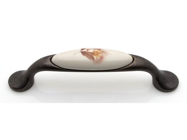 Bútorfogantyú 96 mm, sötét bronz barna virág, fém-porcelán PORCELÁN