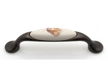 Bútorfogantyú 96 mm, sötét bronz barna virág, fém-porcelán PORCELÁN 1.Kép
