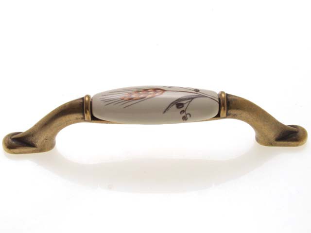 Bútorfogantyú 96 mm antikolt bronz búzakalász, fém-porcelán PORCELÁN