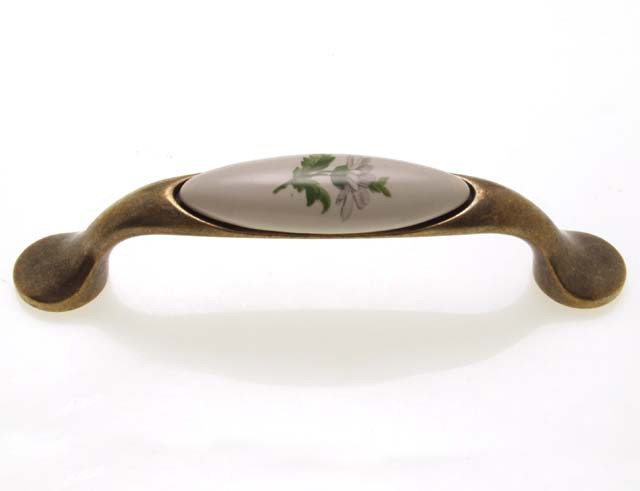 Bútorfogantyú 96 mm antikolt bronz zöld virág, fém-porcelán PORCELÁN
