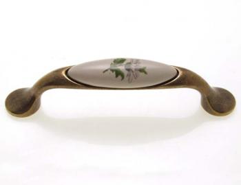 Bútorfogantyú 96 mm antikolt bronz zöld virág, fém-porcelán PORCELÁN 1.Kép