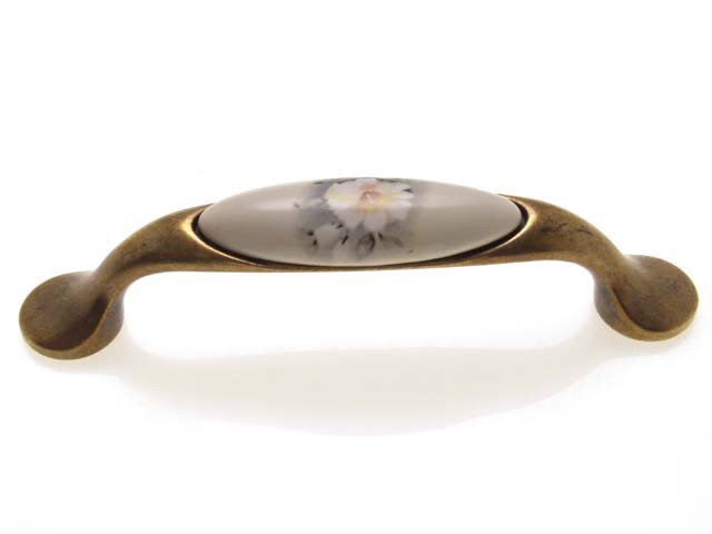 Bútorfogantyú 96 mm antikolt bronz szürke virág, fém-porcelán PORCELÁN