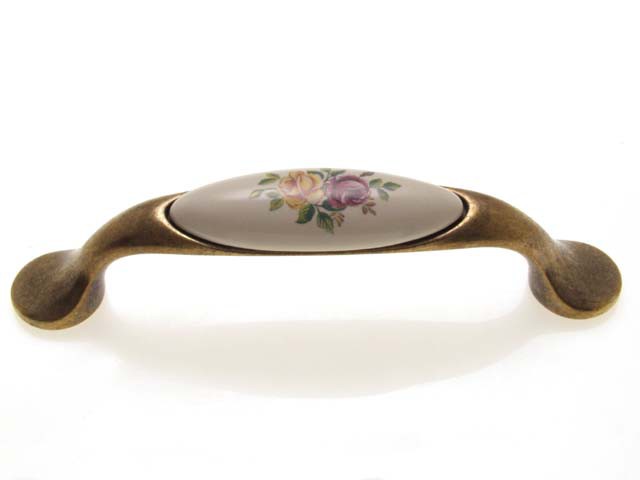Bútorfogantyú 96 mm antikolt bronz színes virág, fém-porcelán PORCELÁN