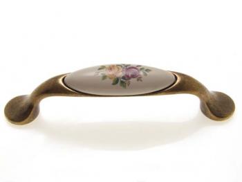 Bútorfogantyú 96 mm antikolt bronz színes virág, fém-porcelán PORCELÁN 1.Kép