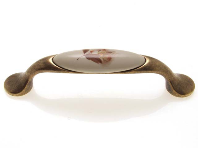 Bútorfogantyú 96 mm antikolt bronz barna virág, fém-porcelán PORCELÁN