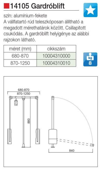 GARDROBLIFT  14105.002 680-870 mm KRÓM-FEKETE FÉM-MÜANYAG 2.Kép