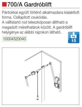 GARDROBLIFT 700/A 750-1150 mm, 15kg ALUMINIUM FÉM-MÜANYAG 2.Kép